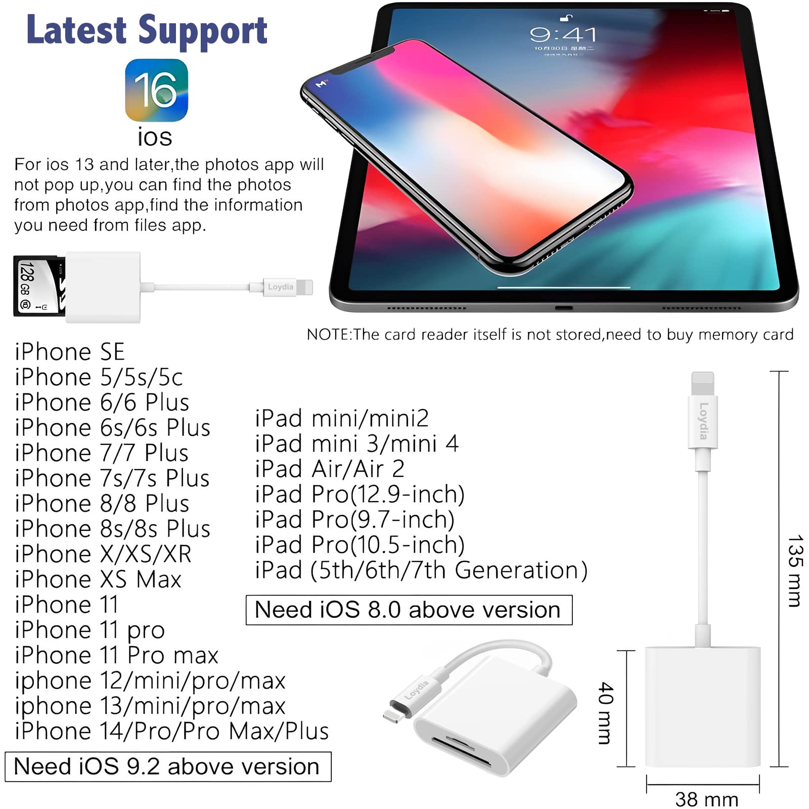 SD Card Reader for iPhone iPad, 2 in 1 Memory Card Reader Adapter, Camera Card Viewer with SD & TF card slots, Plug and Play