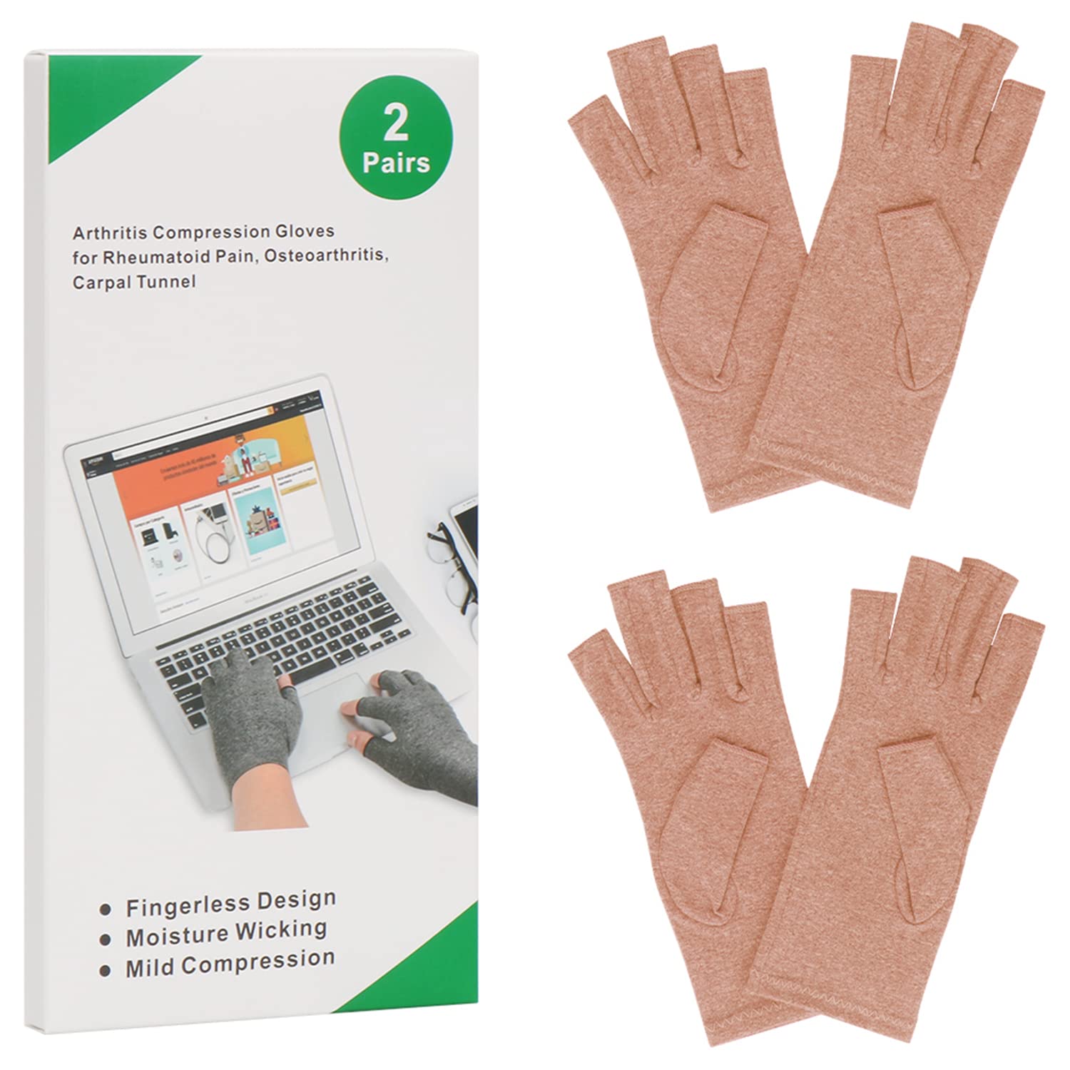 2-Pair Arthritis Compression Gloves for Alleviate Rheumatoid Osteoarthritis, Carpal Tunnel Raynauds Disease, Ease Muscle Tensi on Fingerless, Breathable & Moisture, Women and Men (Coffee, Small)