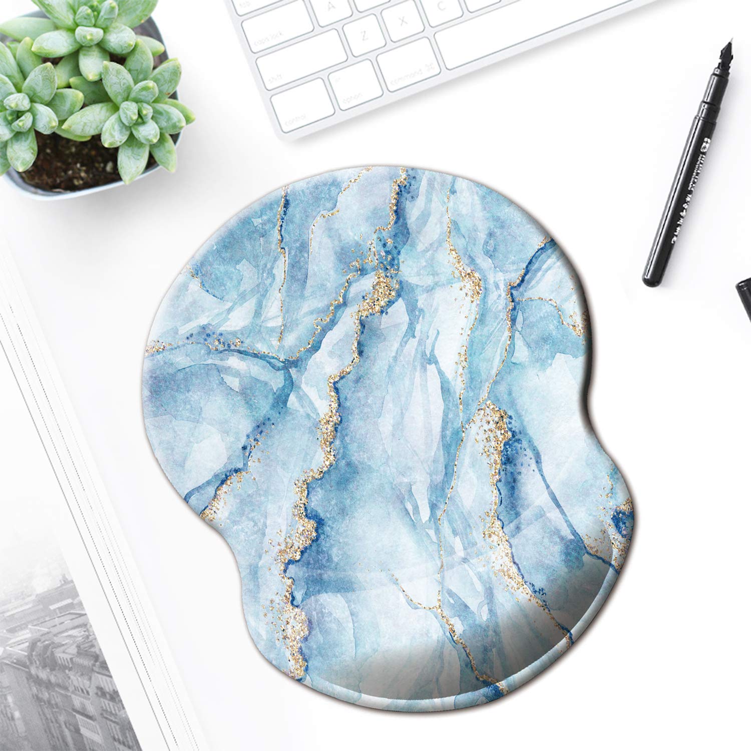 ITNRSIIET Mouse Pad, Ergonomic Mouse Pad with Gel Wrist Rest Support, Gaming Mouse Pad with Lycra Cloth, Non-Slip PU Base for Computer, Laptop, Home, Office & Travel,Blue Marbling