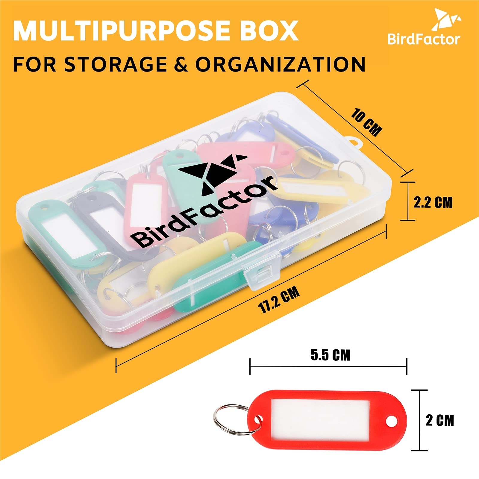 50 Pack Key Tags with Labels - 5 Colours, Plastic Box with Extra Paper Labels, Key Rings & Key Fobs with Split Rings for Keys, Pets, Luggage & Memory Stick Tags