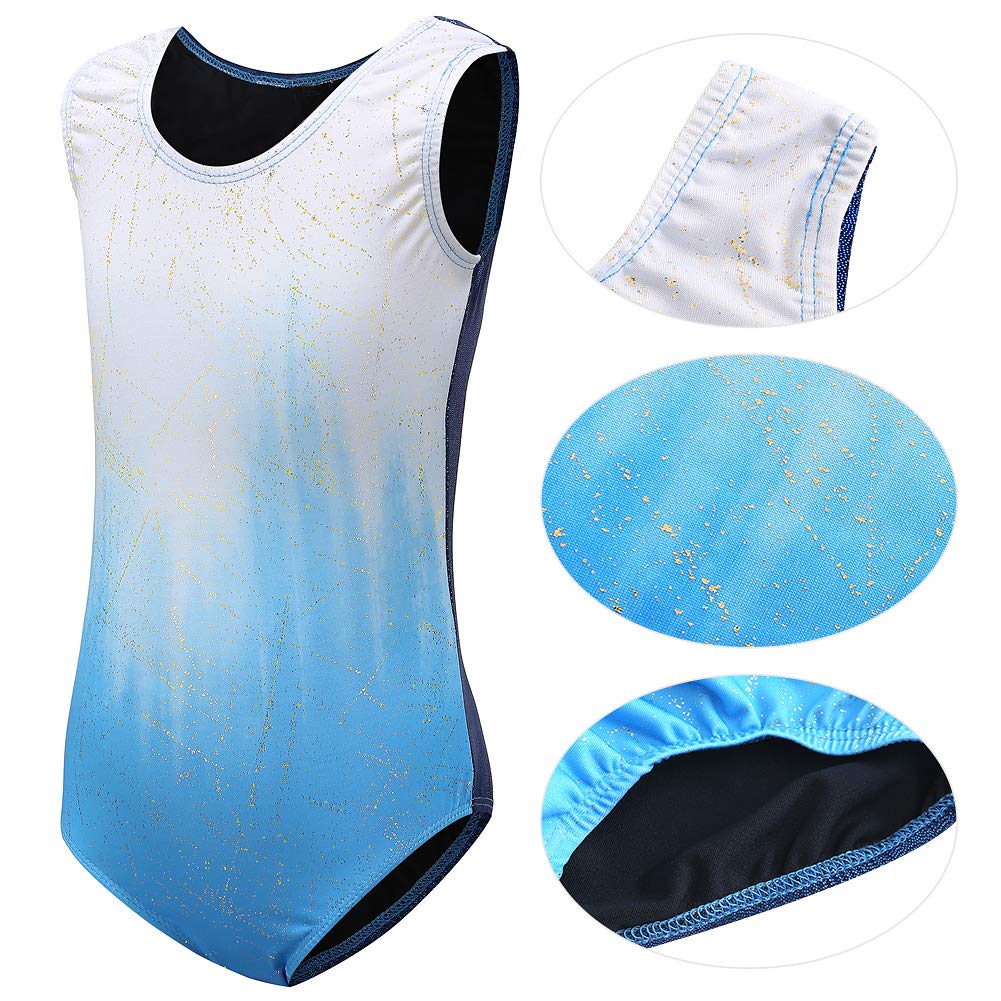 Sinoeem Gymnastics Leotards for Girls Gradient Color Sparkle Dance Leotard Long Sleeve Sleeveless Dancewear Girls Leotards Athletic Ballet Dress Kids (Blue-sleeveless, Tag 10A(9-10 Years)