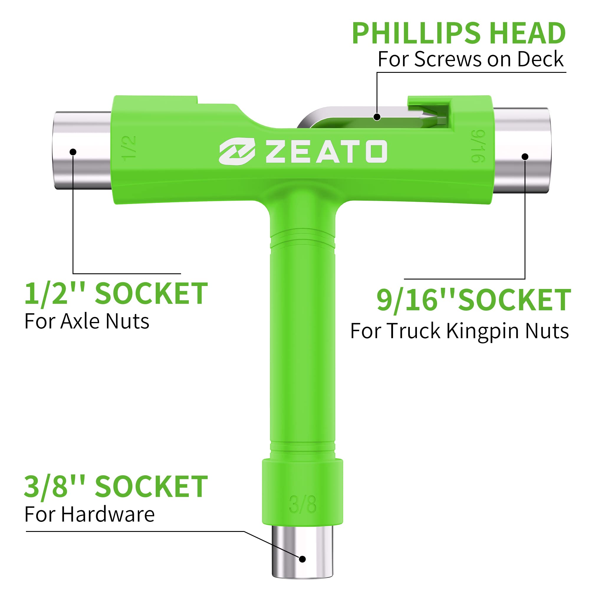 Zeato All-in-One Skate Tools Multi-Function Portable Skateboard T Tool Accessory with T-Type Allen Key and L-Type Phillips Head Wrench Screwdriver - Green