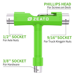 Zeato All-in-One Skate Tools Multi-Function Portable Skateboard T Tool Accessory with T-Type Allen Key and L-Type Phillips Head Wrench Screwdriver - Green