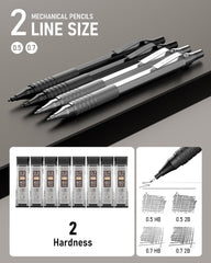 Nicpro 4 Pack Mechanical Pencils 0.5mm & 0.7 mm with Case, MP1000 Metal Artist Pencil Set with 8 Tubes HB & 2B Lead Refills, 3 Eraser, 9 Eraser Refills For Art Writing Drafting Drawing,Black & Silver