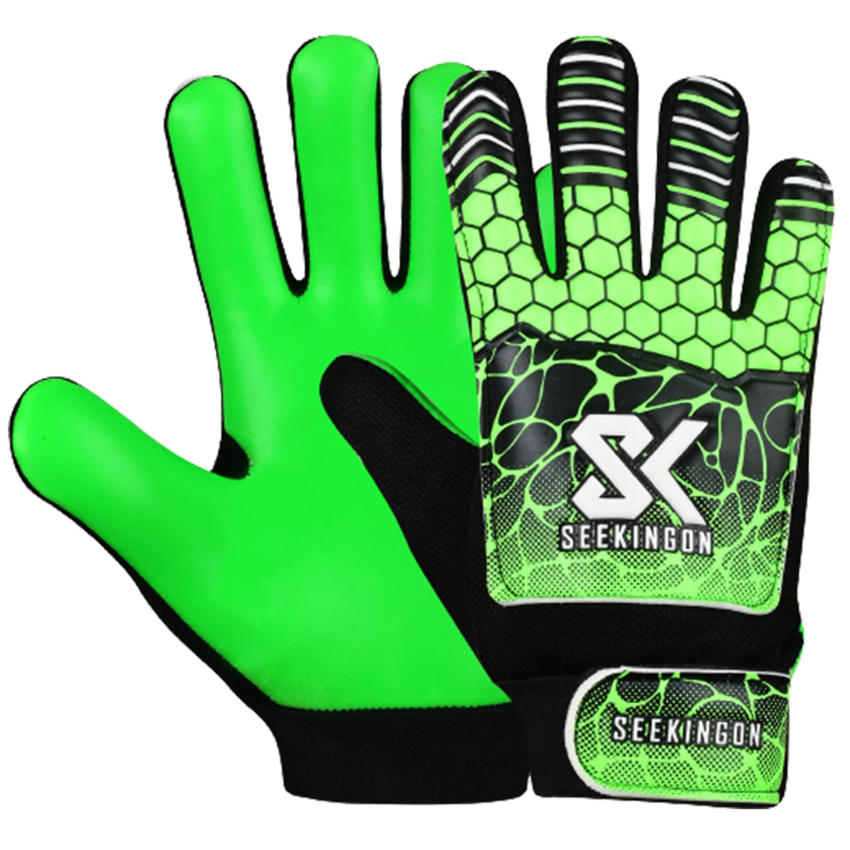 Seekingon Goalkeeper Gloves Kids, Children, Football Training Gloves with Premium Grip, Weather-resistant, Breathable, Latex Goalie Gloves Sizes 4/5/6/7 (Black/Green, 7 S-M Adult)