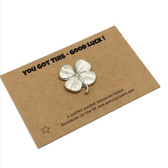 Good Luck shamrock 4 leaf clover keepsake token on kraft gift card with matching envelope - YOU GOT THIS - GOOD LUCK! message
