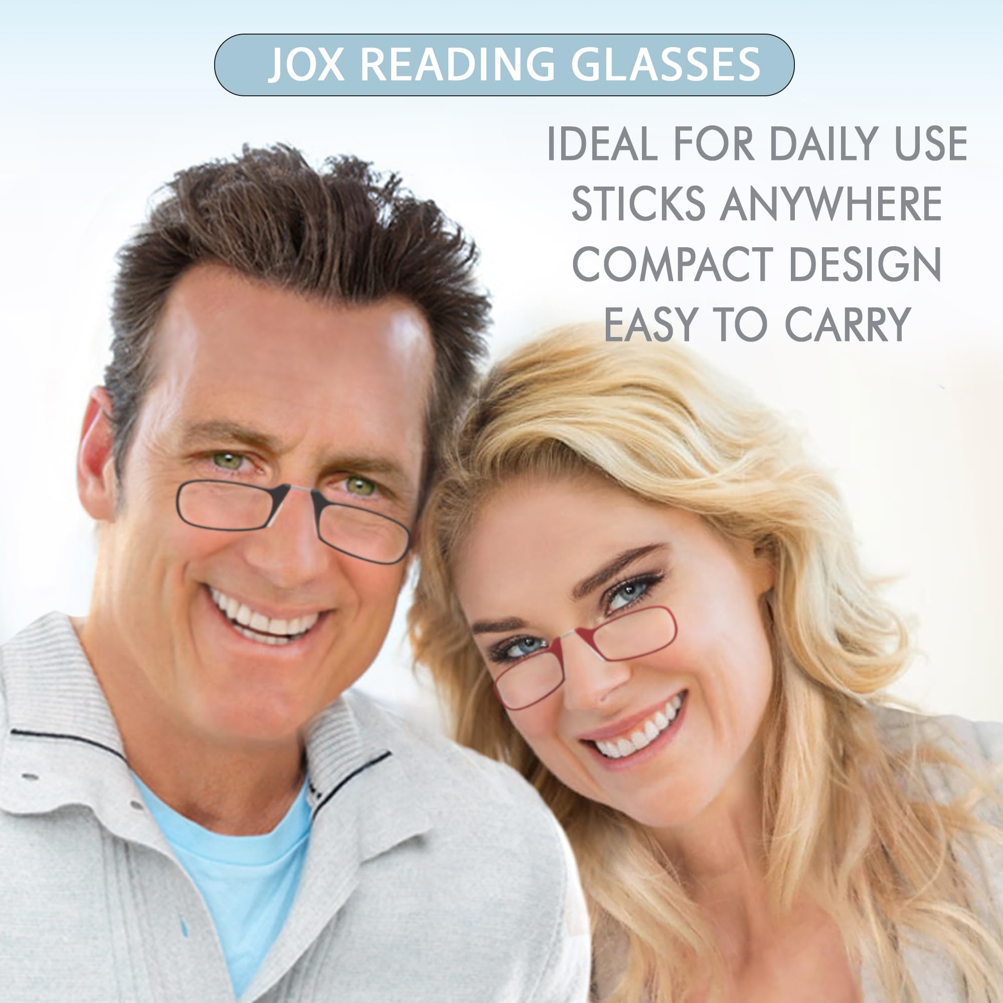 JOX Nose Reading Glasses with Compact Case - Slim Nose Reading Glasses to stick on the mobile phone - Flex-Fit Technology - Unmatched Clarity and Comfort for Your Reading Needs (Red, 1.5, Dioptres)