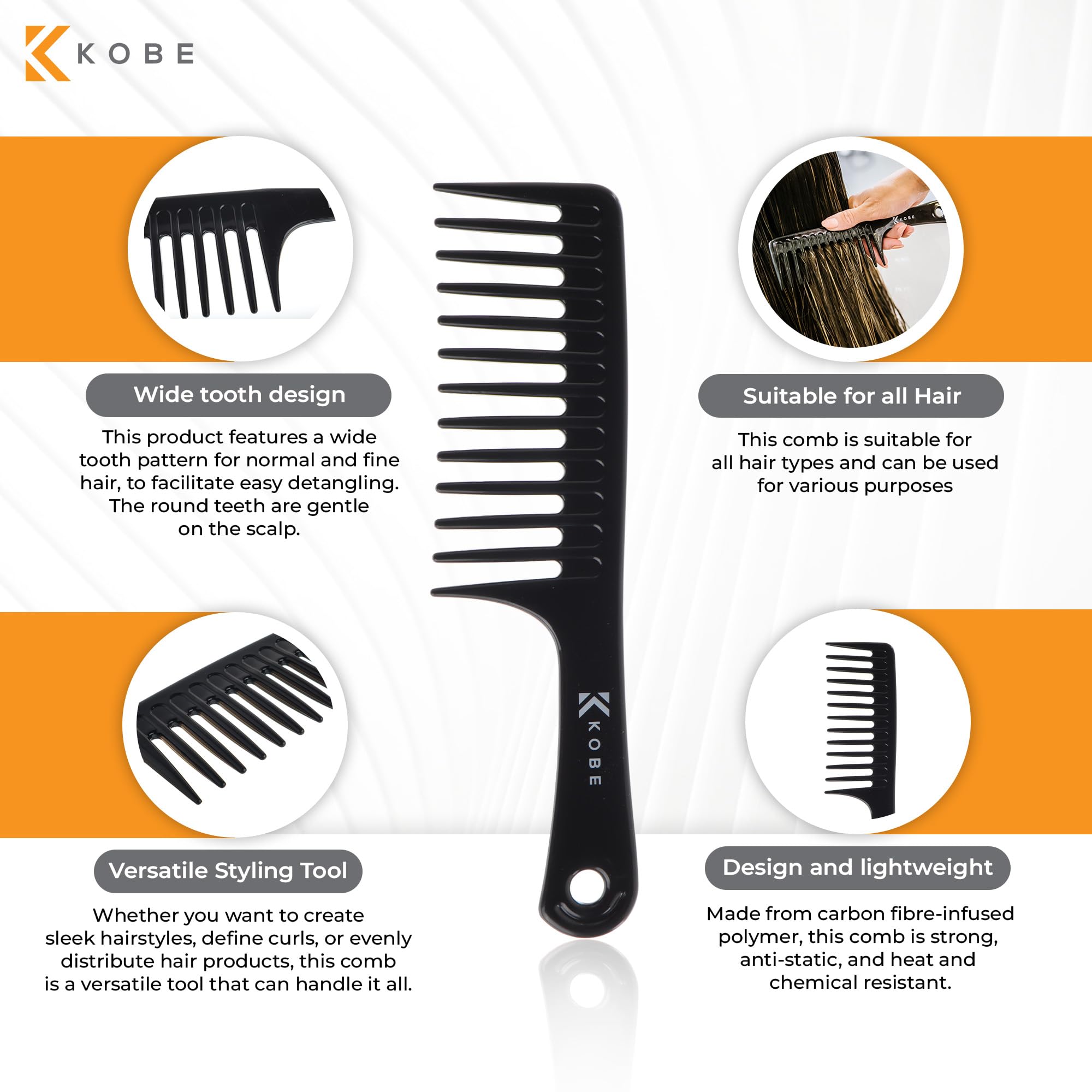 Kobe Professional Carbon Fibre Wide Tooth Comb, Compact Carbon Rake Comb, Coarse Teeth, Shatter-Proof, Anti-Static, Barbers, Salon Hairdresser Hair Care Tools For Men & Women, Super strong 24cm.