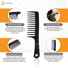 Kobe Professional Carbon Fibre Wide Tooth Comb, Compact Carbon Rake Comb, Coarse Teeth, Shatter-Proof, Anti-Static, Barbers, Salon Hairdresser Hair Care Tools For Men & Women, Super strong 24cm.