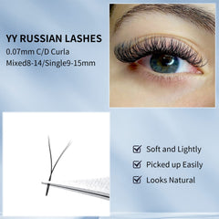 YY Lashes 0.07mm D Curl 15mm Eyelash Extensions Y-Shape Pre Made 2D Russian Volume Individual Lash Extensions(YY-0.07-D-15)