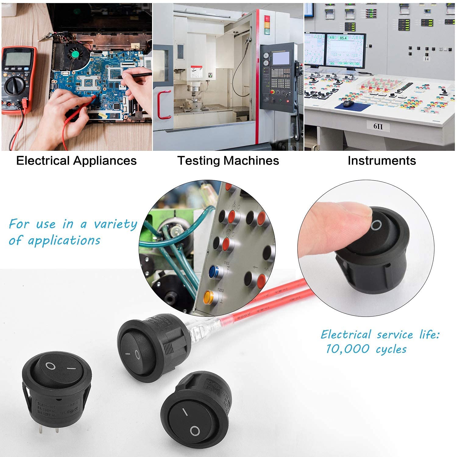 Rocker Switch Nutmanel 3pcs Rocker Toggle Switch with 6 Wires 5A 250V/10A 125V Self-Locking On/Off 6 Connecting Wires