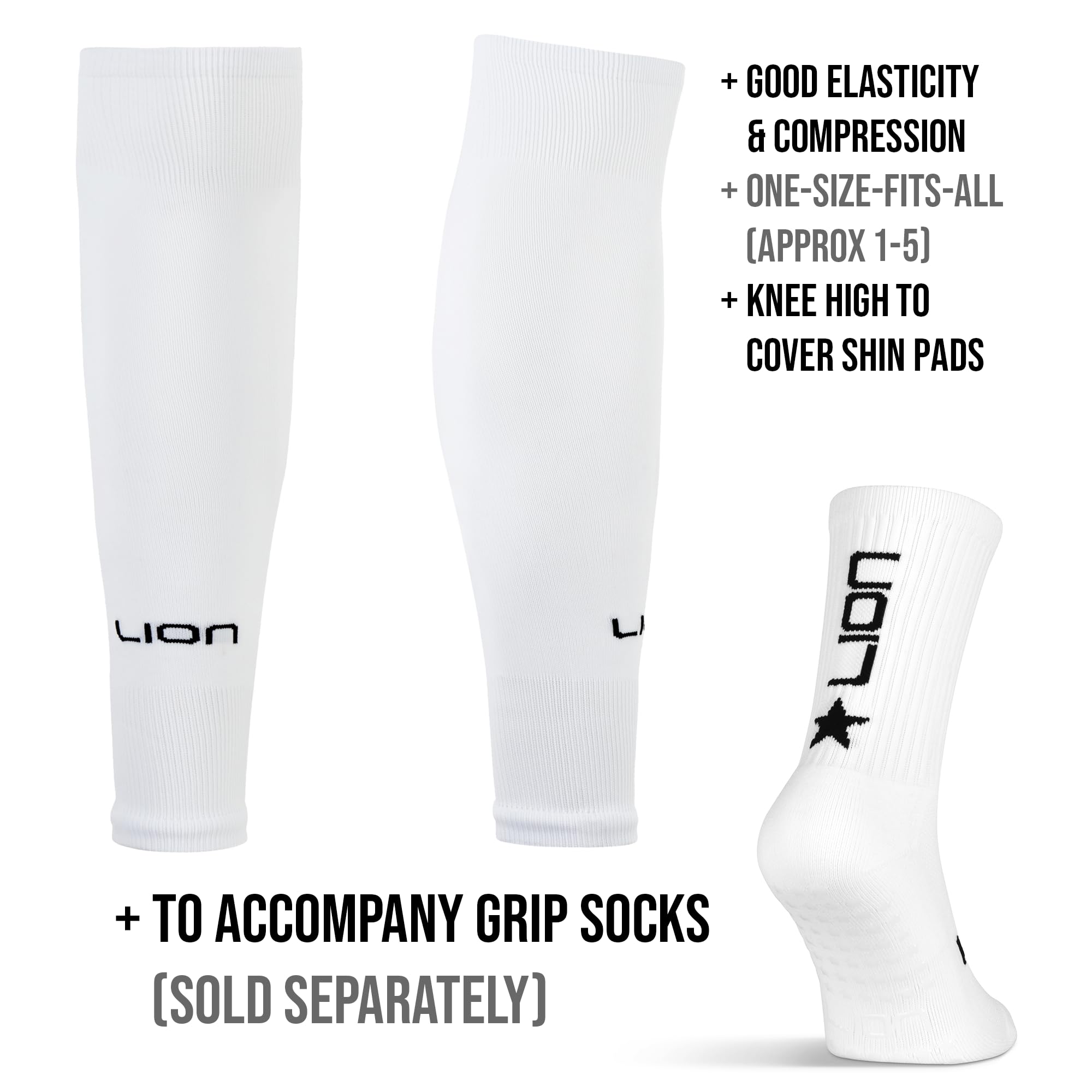 LION SPORTSWEAR Kids/Youth Football Sock Sleeves To Accompany Grip Socks - Fits Over Calf/Shin Pads - Variety Of Colors To Match Your Team Kit (White)