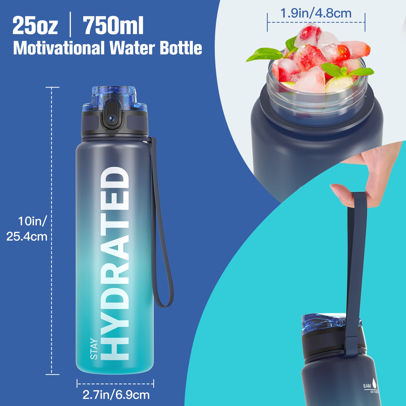 Sahara Sailor Water Bottle, 750ML Motivational Water Bottle, Sport Drinks Bottle with Times to Drink & Lock Cover, Leak Proof, BPA Free, for Gym, School, Cycling (1 Bottle)