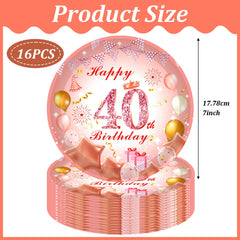 40th Party Plates 7 inch Rose Gold,40th Birthday Paper Plates Rose Gold 16Pcs,40th Pink Rose Gold Birthday Disposable Paper Tableware Set for Her Birthday Gifts,40th Women Birthday Party Decorations