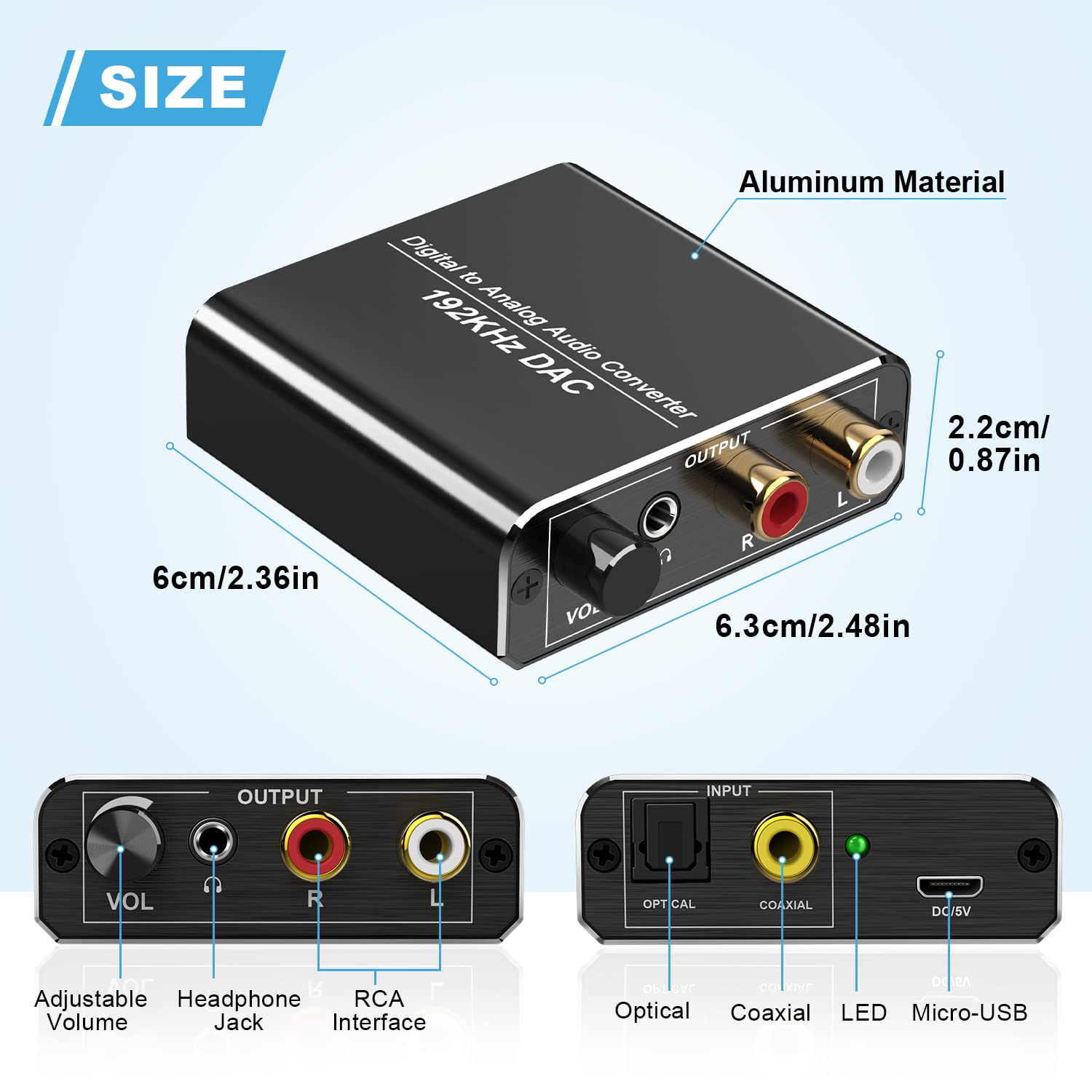 DAC Converter 192KHz Fokky Digital SPDIF Toslink to Analog Audio Converter with Volume Control, Optical to RCA L/R Audio Converter with Optical Cable, Coaxial Cable, for PS3 PS4 Xbox Blu-ray TV