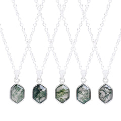 GEMKORA Real Moss Agate Hexagon Bezel Gemstone Dainty Pendant Necklace, Healing Chakra Stone, Birthstone, Natural Crystal, Women Jewelry, Energy Stone, Gift Giving 925 Sterling Silver Chain 18 inch