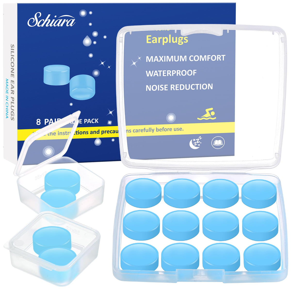 Schiara Ear Plugs for Sleeping, 8 Pair(16 Pieces) Moldable Noise Cancelling Silicone Earplugs for Swimming, Snoring, Sleep and Studying