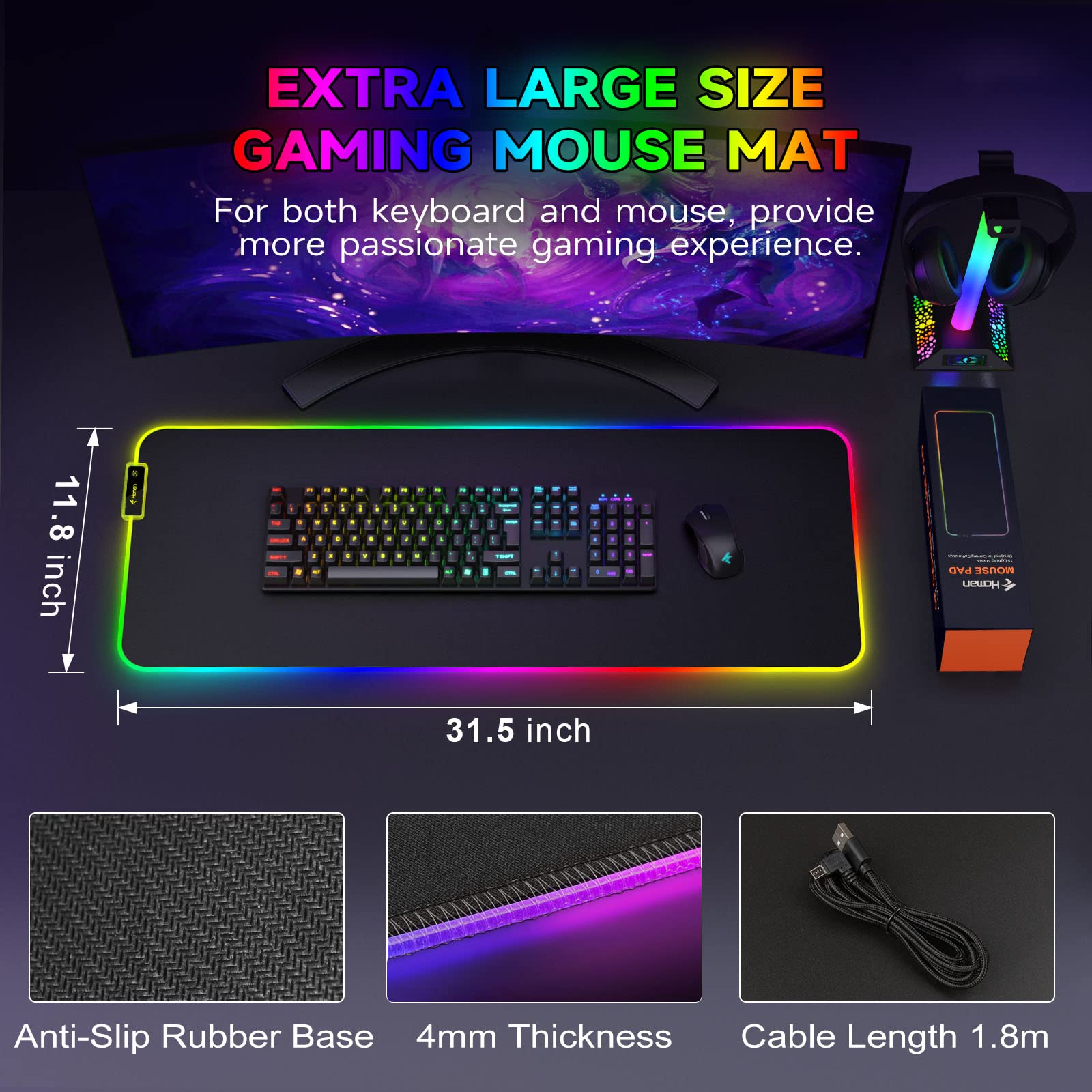 Hcman RGB Gaming Mouse Mat Pad Large Thick(800×300×4mm) XXXL Extended Led Mousepad with Non-Slip Rubber Base, Soft Computer Keyboard Mice Mat for Macbook, PC, Laptop, Desk - Black