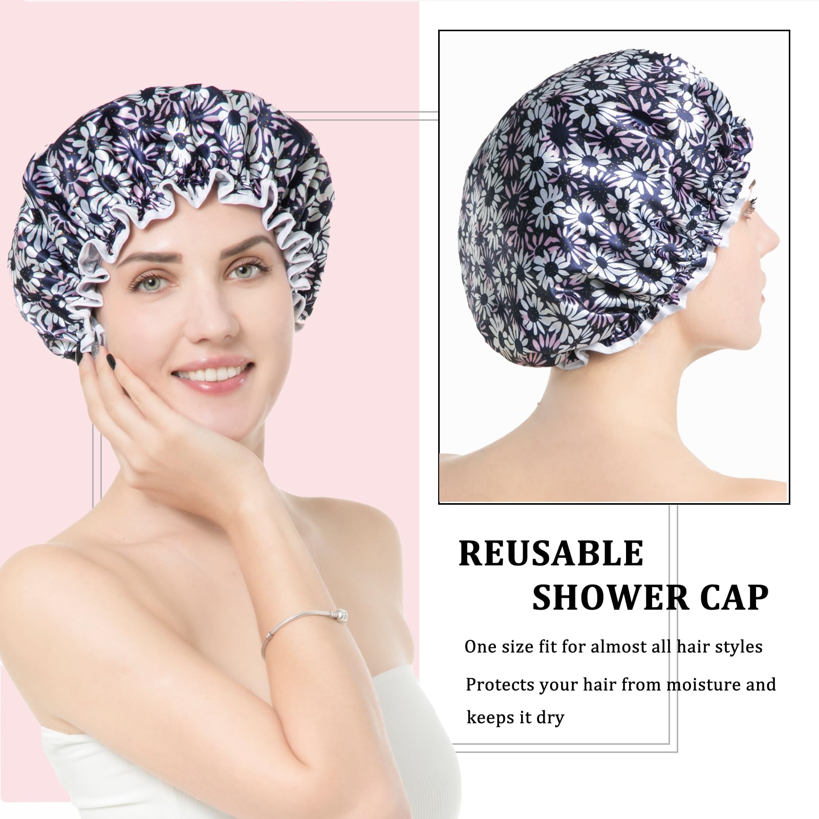 HieerBus Shower Cap,Reusable Bath Shower Caps,Oversized Double Layer Waterproof Bathing Shower Hat Hair Protector with PEVA Lining & Elastic Band Stretch Hem Hair Hat for Women Men (Daisy-Navy blue)