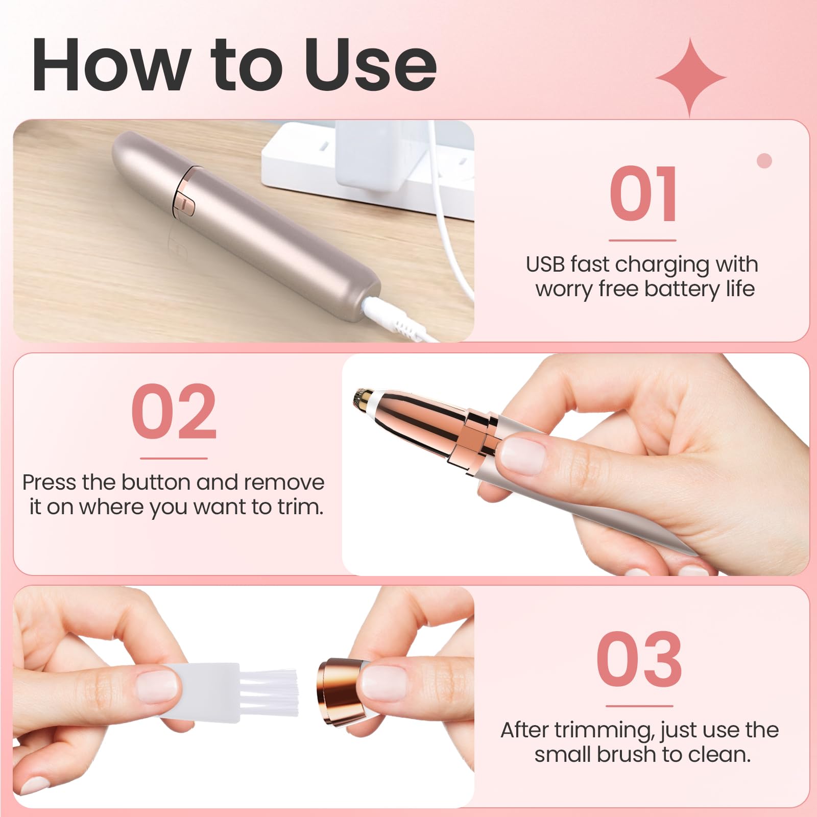 Eyebrow Trimmer for Women Rechargeable: Women Eyebrow Hair Remover with LED Light, Painless Protable Eyebrow Epilator Pen,Lady Eyebrow Shaper Electric Eyebrow Shaver Razor