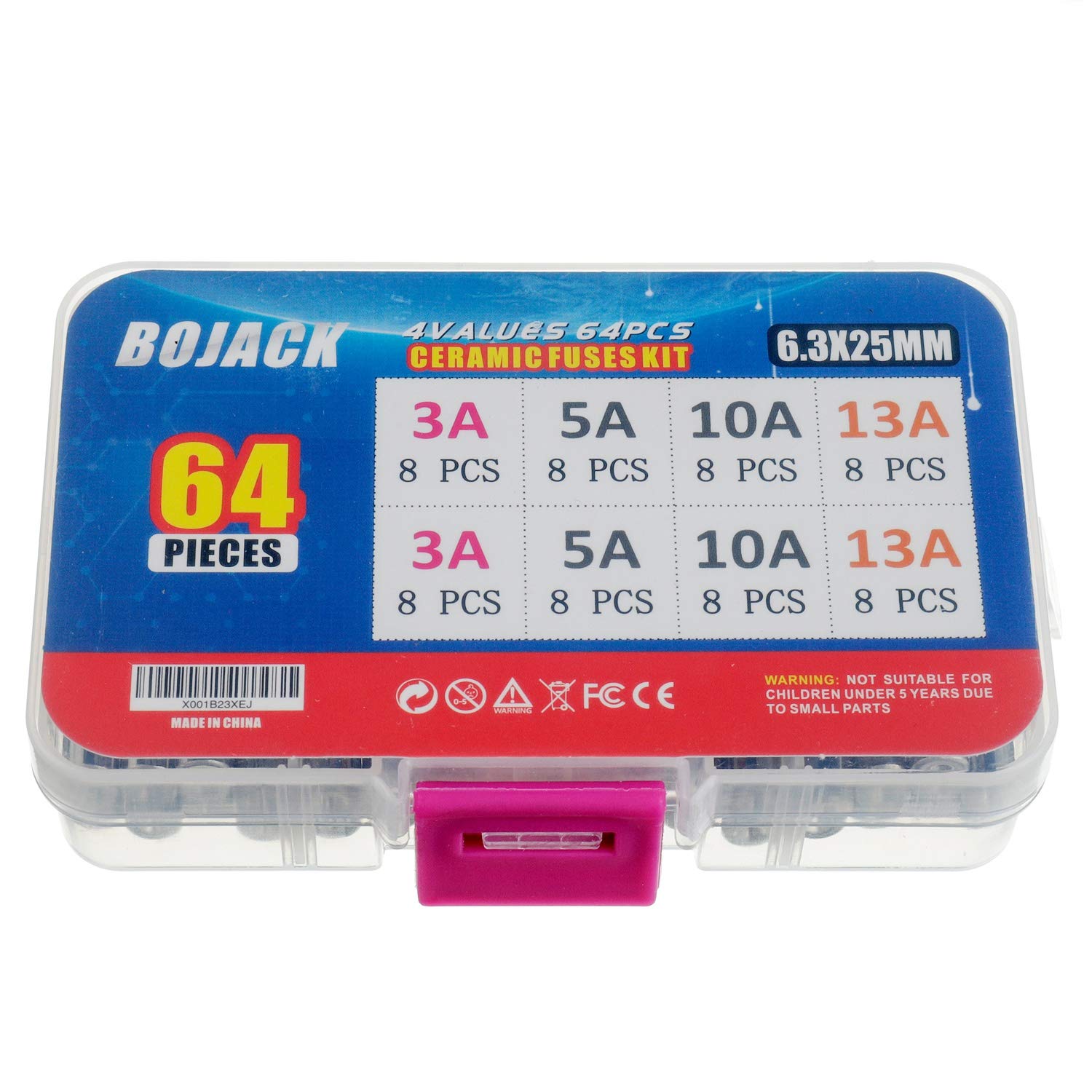 BOJACK 4 Values 64 pcs 3 5 10 13 A amp 240 V Volt Household Mains Plug Fuse 6.3x25 mm 0.25x1Inch BS1362 Ceramic Tube Cartridge Fuses Assortment Kit packag in a Clear Plastic Box