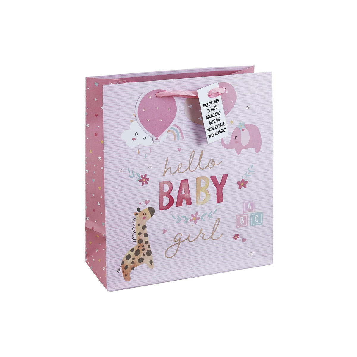 Baby Girl Pink Baby Shower Newborn Recyclable Gift Bag with Tag (Medium)