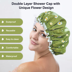 SARG Premium Double Layer Shower Cap for Women with Cool Green Design- Reusable Shower Cap for Hair - Waterproof Plastic Cap - Shower Caps for Long, Short and Curly Hairs