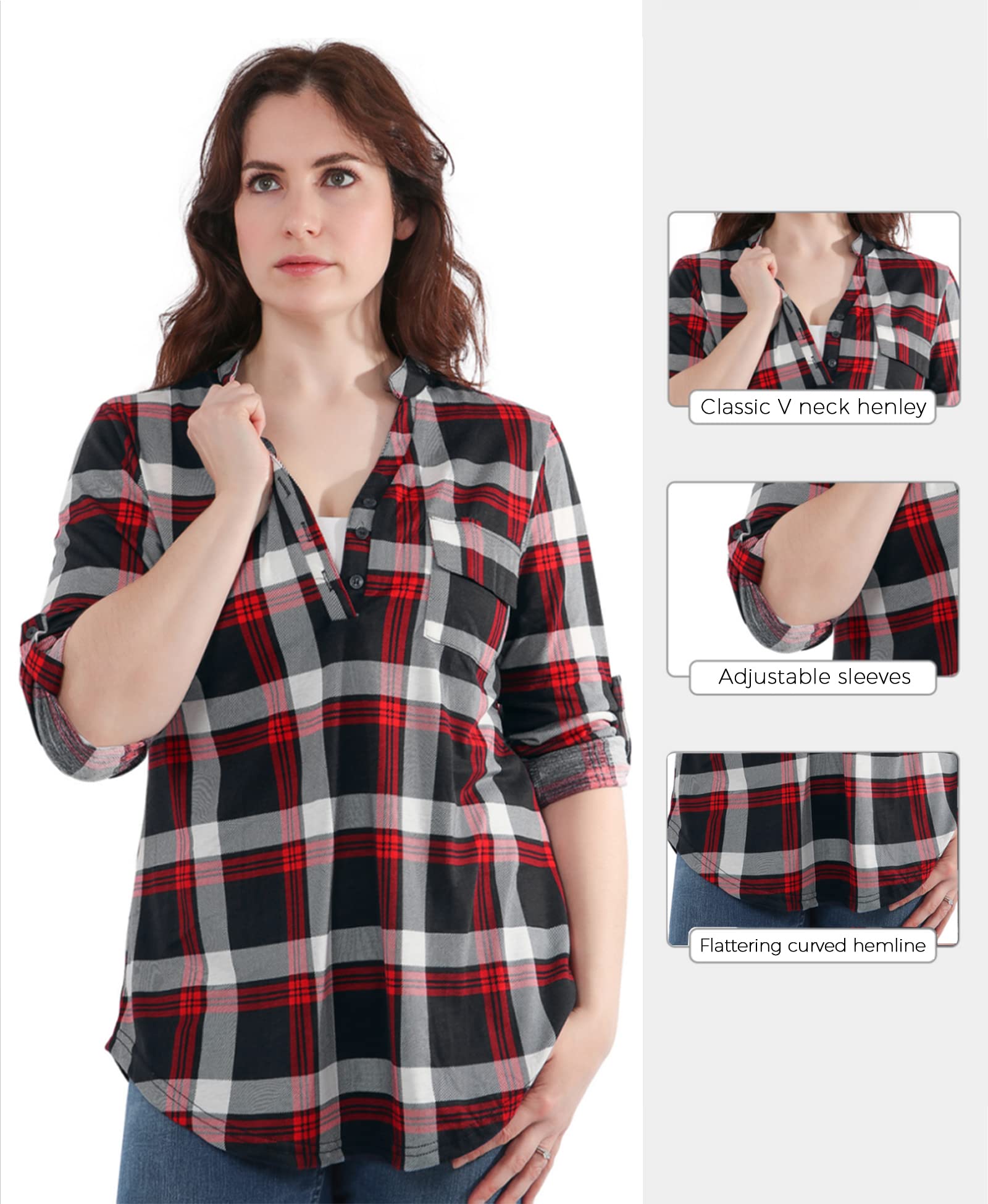 Style Slice Tunic Tops for Women UK，Checked Ladies Tops V-Neck，Plaid Blouses for Women UK Blue Navy