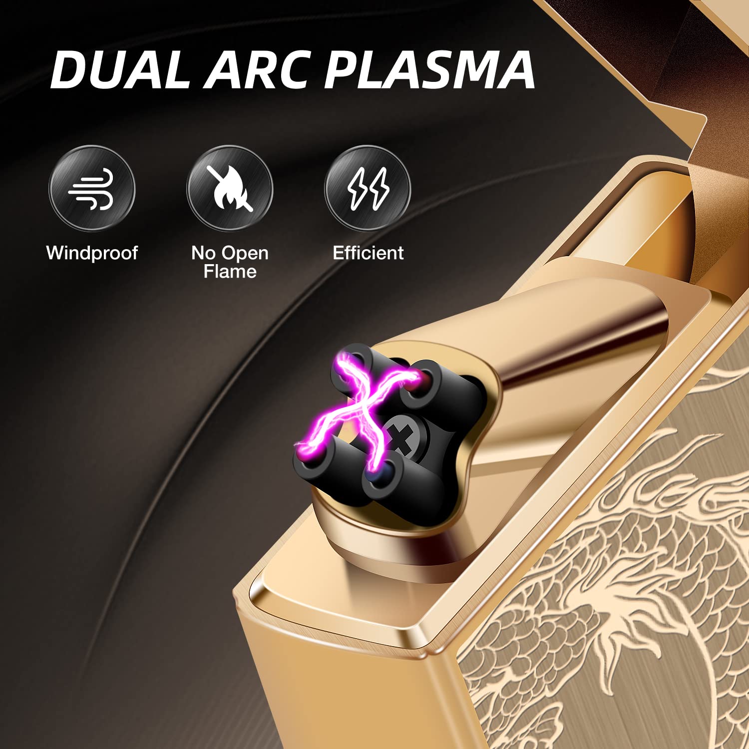 Electric Plasma Lighter with Cross X Dual Arc, USB Rechargeable Flameless Lighter with Cool Dragon Winding Pattern, Electronic Windproof Dragon Lighter, Gifts for Dad/Men (Cool Gold Dragon)