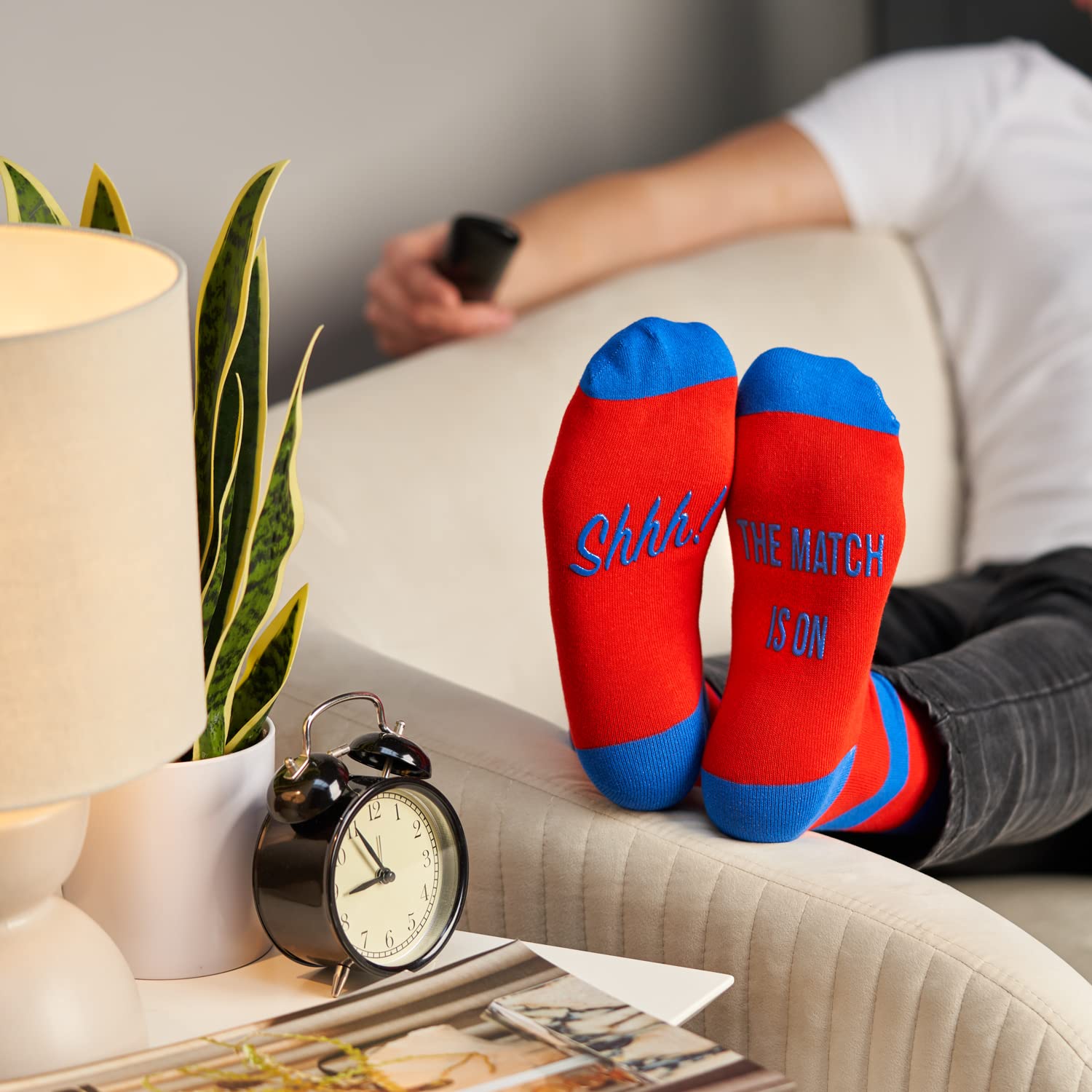 Football Fan Lounge Socks - Great Gift For Football Fans - 'Shhh! The Match Is On' (Red/Blue)