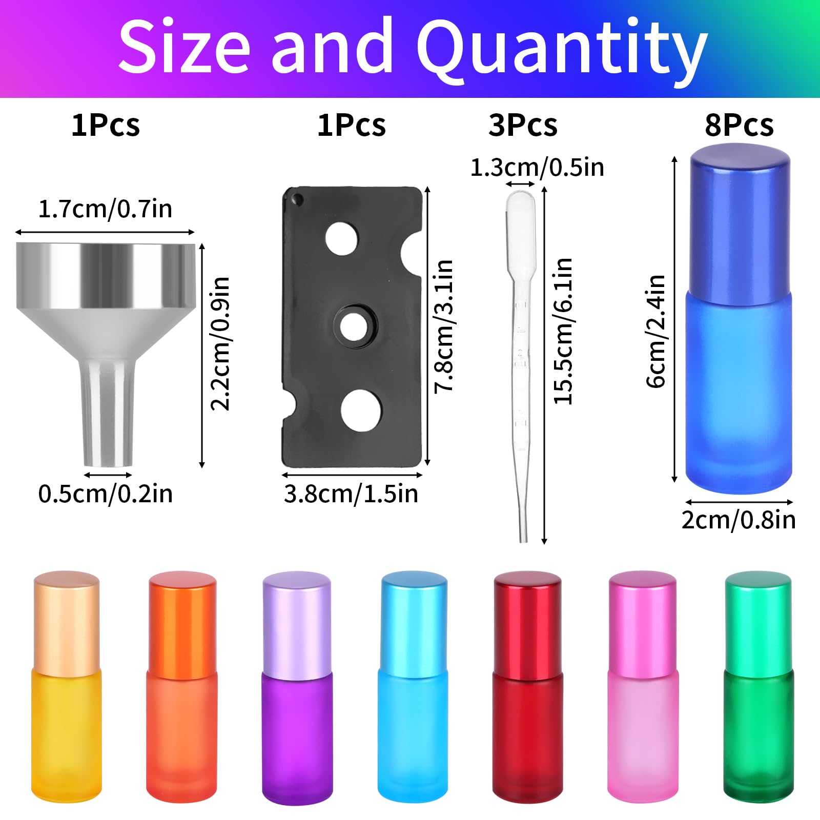 Essential Oils Roller Bottles, 8pcs Roll on Bottles with Stainless Steel Ball, 5ml Glass Roller Bottles with Bottle Opener, Dropper and Funnel for Essential Oils, Fragrance, Aromatherapy (8 Colors)