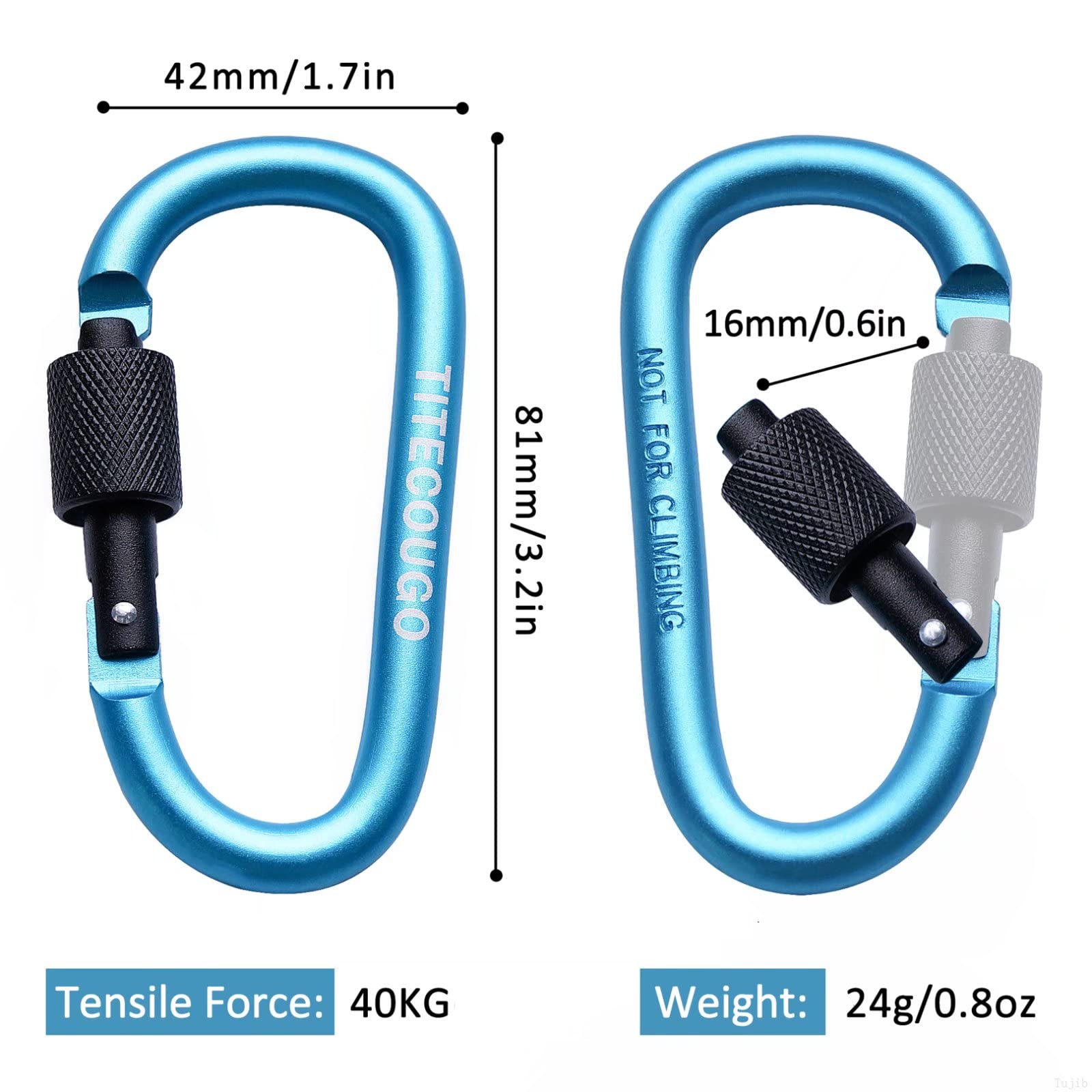 TITECOUGO Aluminum Alloy D-Ring High Strength Carabiner Key Chain Clip Hook For Camping Hiking (Not for Climbing) Sky Blue Black