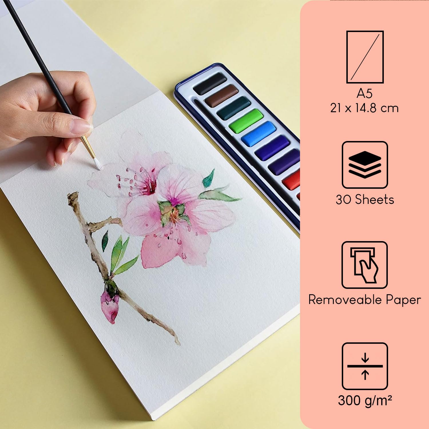 PENCILMARCH Watercolour Paper A5 Pad, 30 Sheets Water Colour Paper 300gsm Watercolour Sketchbook for Artist and Beginners Painting, Drawing and Sketching