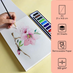 PENCILMARCH Watercolour Paper A5 Pad, 30 Sheets Water Colour Paper 300gsm Watercolour Sketchbook for Artist and Beginners Painting, Drawing and Sketching