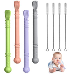 Vicloon Teething Toys for Baby, 4PCS Baby Silicone Teether Tubes with 4 Cleaning Brush, Teether Sensory Toys Gum Massager, Baby Teething Toy Infant Chew Straw Toy - Oblate