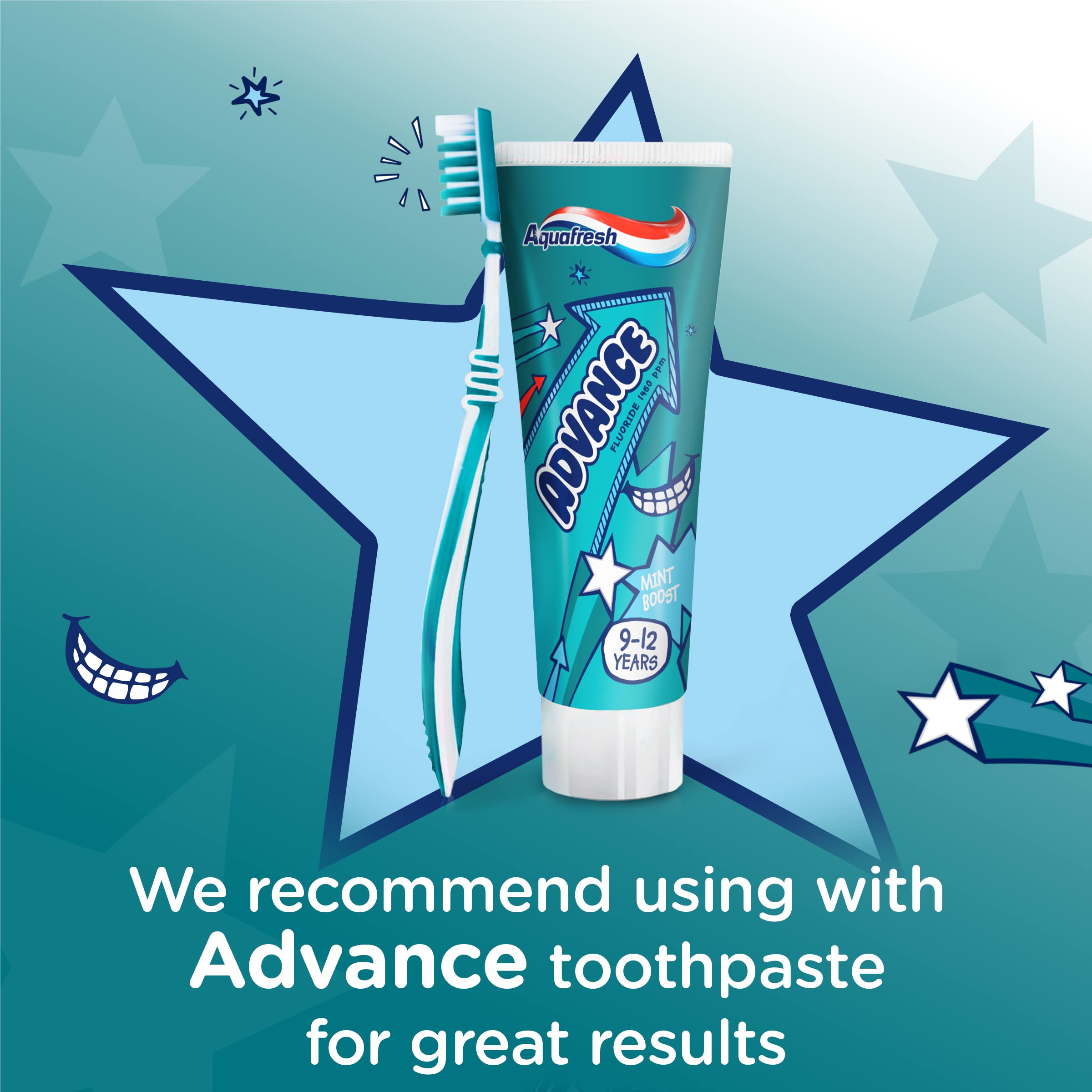 Aquafresh Advance Kids toothbrush. Developed by dental experts for children aged 9-12 years old. In plastic-free packaging. Soft interdental bristles