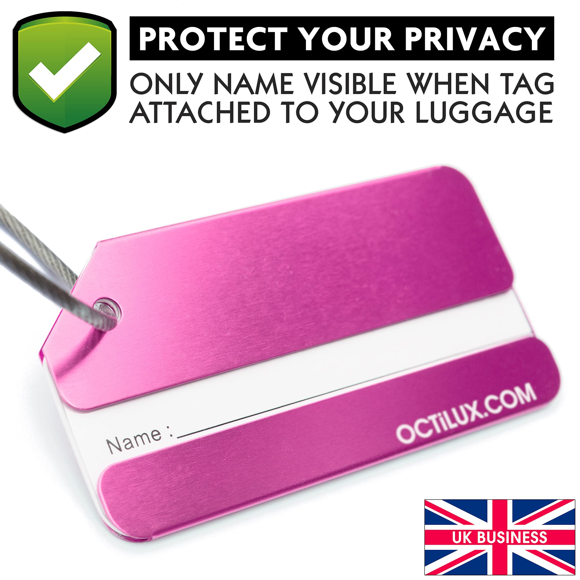 Pack of 2 Pink Strong Aluminium Luggage Tags, Secure, Easy to Spot, Privacy, Variety of Colours, Strong Steel Cable