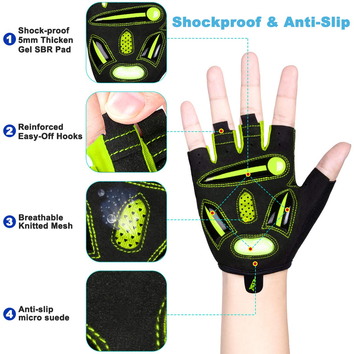 LUROON Cycling Gloves Half Finger Gel Padded Bike Gloves Anti-Slip Shock-absorbing Hand Protect Fingerless Summer Bicycle Short Gloves for Mens & Women (XL, Green)