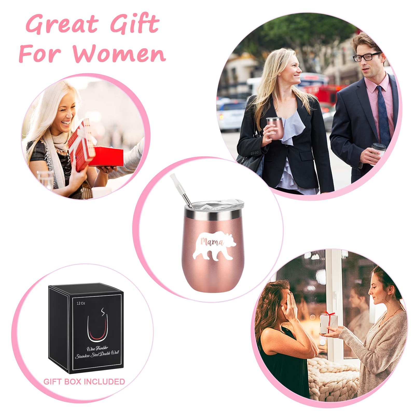 Livole Mothers Day Presents for Mum, New Mum, Mummy, Women, Mum Birthday Gifts from Son, Mama Bear Mug, Mum Christmas Gifts, 12oz Insulated Coffee Travel Mug, Double Walled Wine Tumbler, Rose Gold