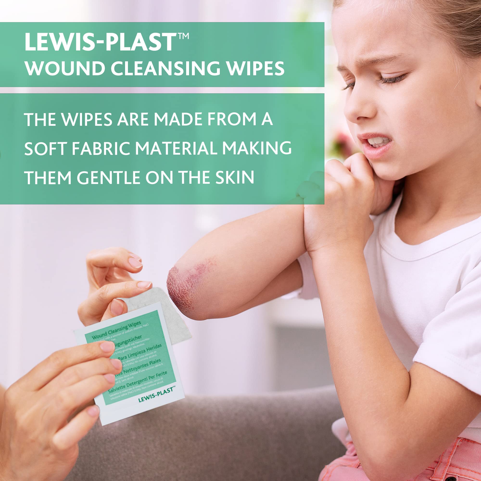 Lewis-Plast Premium Saline Sterile First Aid Alcohol Free Wipes - Box of 100 Antiseptic Antibacterial Medical Grade Cleaning Wipe for Wound, Cleansing Area Before Injection and Piercing, Green