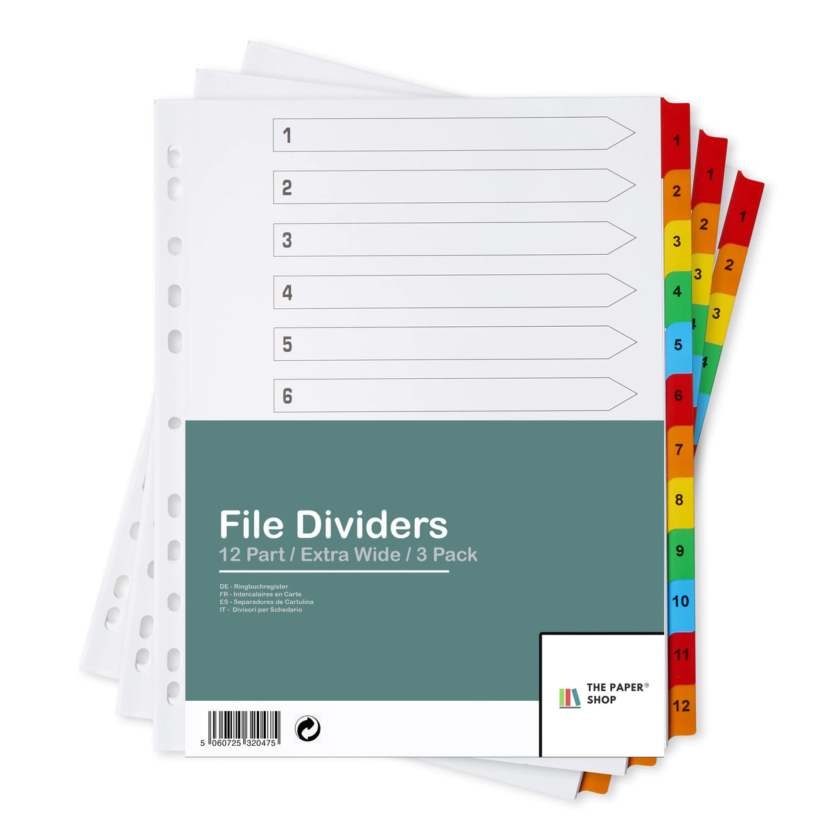 [3 Pack] A4and Extra Wide 12 Part File Dividers A4and Extra Wide 12 Part Numbered Subject Dividers Multipunched Reinforced Colour Tabs 150gsm