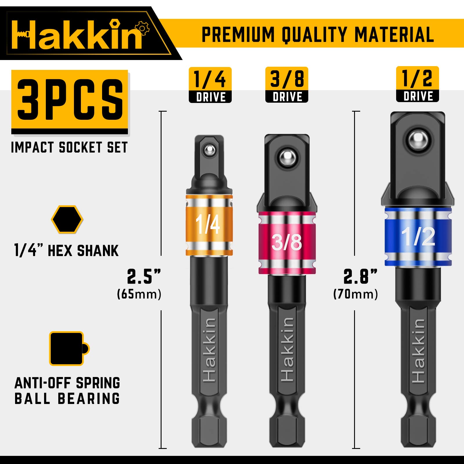 Hakkin 3PCS Impact Grade Socket Adapter/Extension Set Turns Power Drill Into High Speed Nut Driver Torque Impact Wrench. 1/4 inches, 3/8 inches, and 1/2 inches Drive