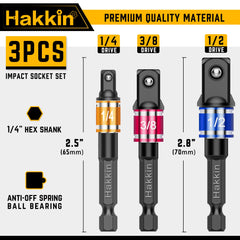 Hakkin 3PCS Impact Grade Socket Adapter/Extension Set Turns Power Drill Into High Speed Nut Driver Torque Impact Wrench. 1/4 inches, 3/8 inches, and 1/2 inches Drive