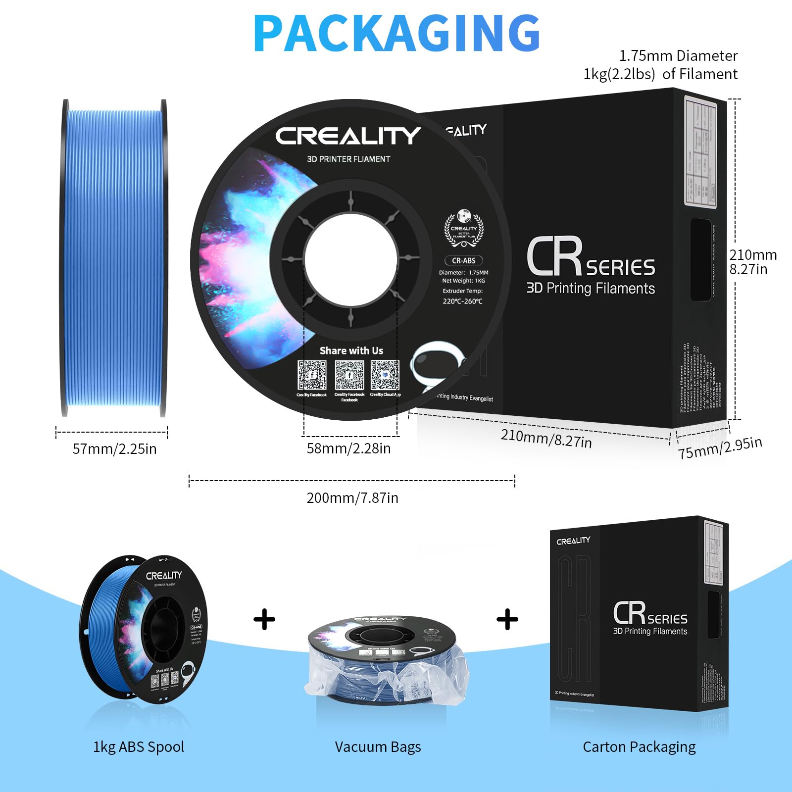 Creality ABS Filament 1.75 mm, Official 3D Printer Filament ABS No-Tangling, Strong Bonding and Overhang Performance Dimensional Accuracy and/-0.03mm, 1kg(2.2lbs)/Spool (Blue)