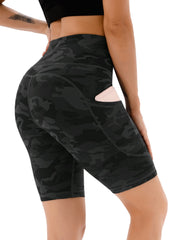 JOYSPELS Womens High Waisted Activewear Sports Shorts - Workout Gym Sports Running Shorts Yoga Cycling Shorts for Womens with Pockets - BlackCamo - XS