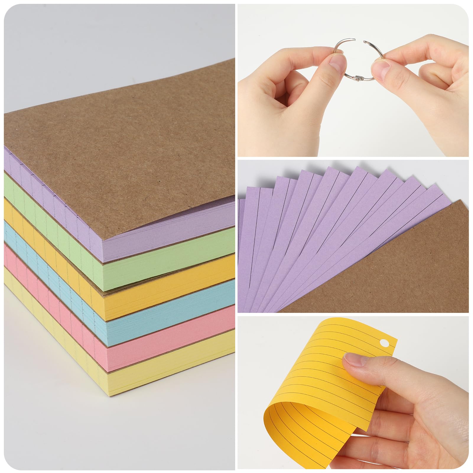 Zuimei 300PCS Flash Cards Ruled Index Cards Revision Cards with 6 Binder Rings, 12.7x7.6cm Kraft Paper Flashcards Lined Record Cards Study Cards for Office School Home Learning