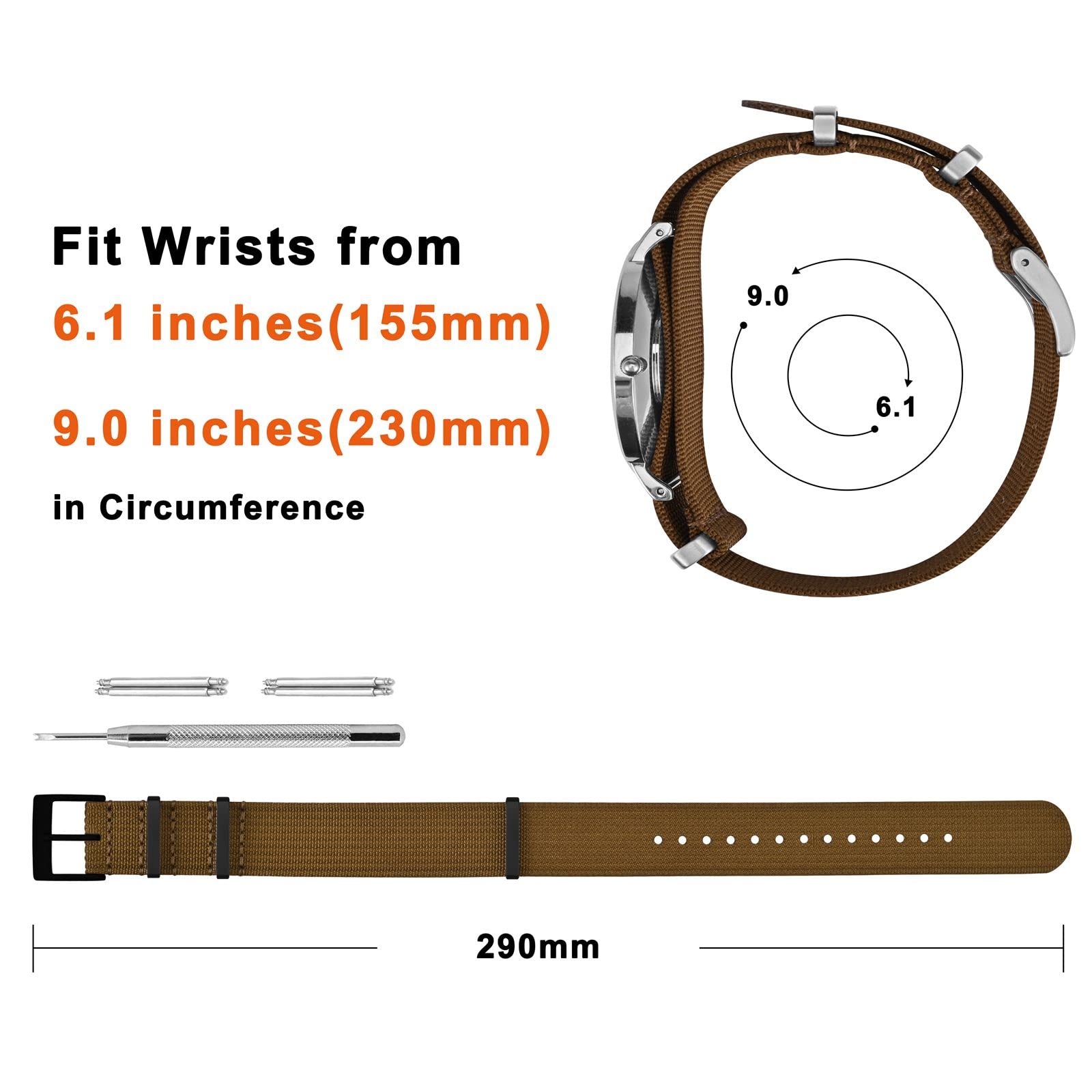 ANNEFIT Nylon Watch Strap 22mm, One-Piece Waterproof Military Watch Band with Heavy Black Buckle (Brown)