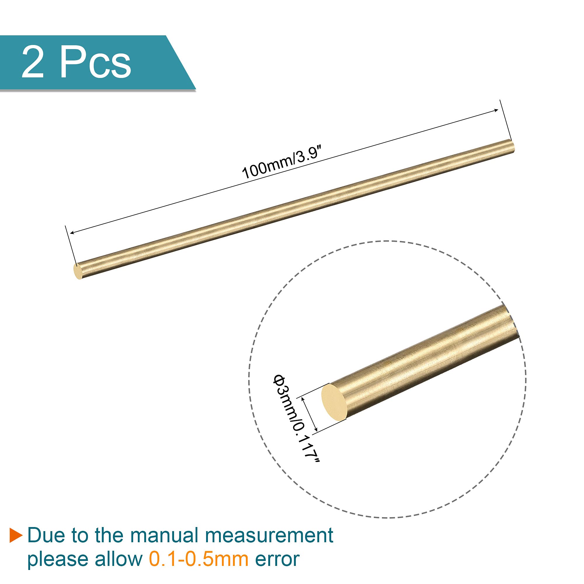 sourcing map Brass Rod,Brass Solid Round Rod 3mm Diameter 100mm Length Lathe Bar Stock for RC Model Airplane Helicopter DIY Craft Pack of 2pcs