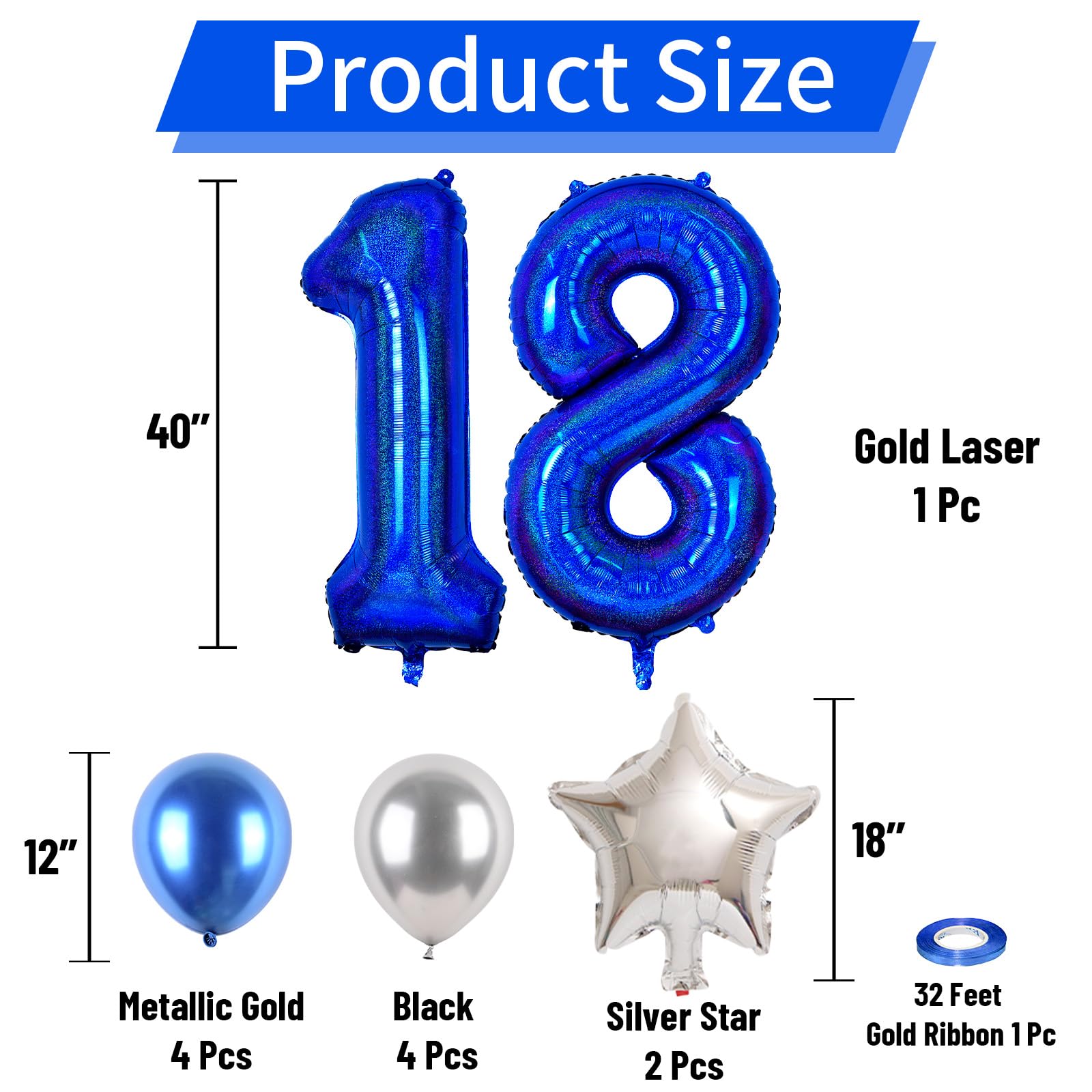 Laser Blue Number 18 Balloon, 40 Inch 18th Birthday Balloons, 12Pcs Metallic Blue Latex Balloons Metallic Silver Star Balloons Glitter Giant 18th Balloons for Boys Girls 18th Birthday Party Decoration