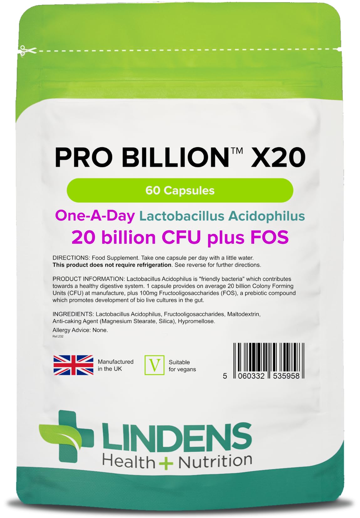 Lindens Pro Billion X20 20 Billion Cfu Ultra High Strength Capsules - 60 Pack - Ultra High Potency Lactobacillus Acidophilus Supporting Digestion - UK Manufacturer, Letterbox Friendly